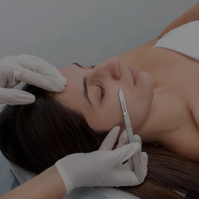 A gloved aesthetician drawing a dermaplaning blade along a cheek